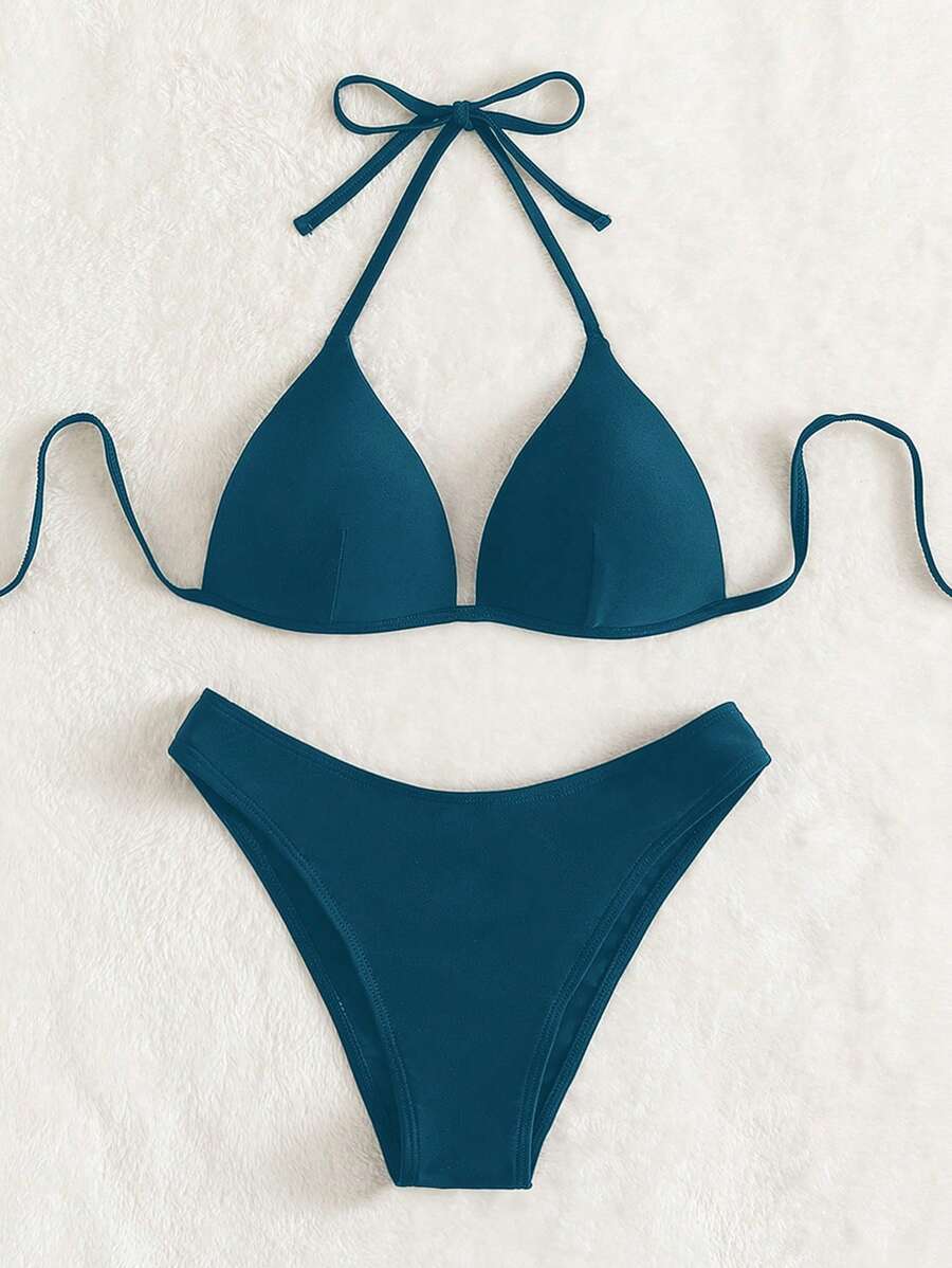 Swim Basics Bộ đồ bơi bikini 2 mảnh cổ yếm màu trơn và quần lót, thời trang, cho kỳ nghỉ hè ở bãi biển - Màu xanh ngọc - Xem 1