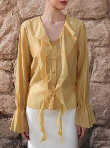 Aveloria Rosie Elegante Pendlerbluse mit Rüschenbesatz, Schleife, Pattdetail, lose sitzende Langarmbluse für Damen