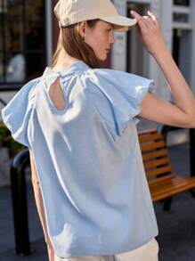 Jouncy Women's Casual Solid Color Puff Sleeve Top - Blue - View 4