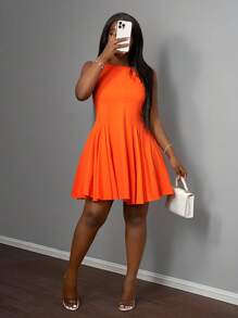 Slaydiva 夏季假期简约休闲基本款圆领口袋喇叭下摆宽松短款连衣裙 - 橘色 - 查看 7