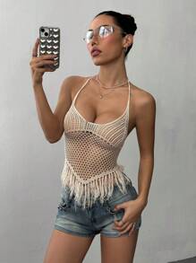 SHEIN Unity 女士露背流苏下摆挂脖针织度假上衣 - 卡其色 - 查看 5