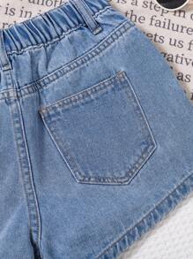 SHEIN Pantaloncini di jeans casual per ragazze pre-adolescenti con tasche strappate e dettagli di strass