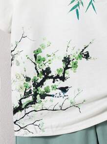 2 pièces Ensemble T-shirt tricoté à manches courtes avec imprimé végétal ample au col rond et short unicolore, pour garçon, décontracté, polyvalent pour l'école, le jardin, la plage, les anniversaires, le printemps, l'été, l'automne et l'hiver
