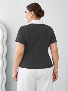 SHEIN Essnce Plus Size Women's Black & White Contrast Color 2 In 1 Short Sleeve T-Shirt, Versatile & Slimming, Spring/Summer - Dark Grey - View 2