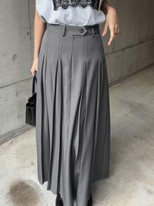 FRIFUL 女士长款灰色百褶A字裙，适合春秋季办公室/通勤穿着 - 灰色 - 查看 1