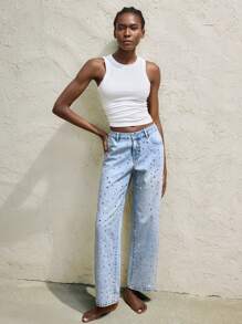 Maija Pantalones vaqueros de mujer de tiro bajo y pierna recta con lentejuelas brillantes para primavera y verano