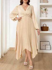 SHEIN Frenchy Plus Size Elegant Solid Color Lantern Sleeve Twist Elegant Women Dresses Old Money Pleated Midi Dress