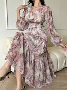 DAZY 女士长款休闲连衣裙，简约时尚，适合日常穿着，花卉图案，秋季长袖连衣裙，度假装扮 - 淺灰紫 - 查看 7