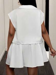 Slaydiva Ensemble 2 pièces grande taille femme - Blouse ajustée sans manches blanche unie avec col froncé et ourlet avec cordon, et mini-jupe trapèze froncée à la taille, casual, printemps/été