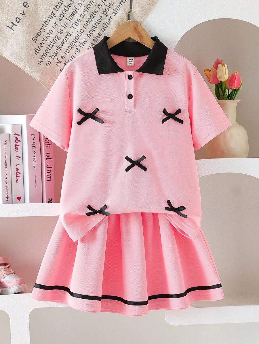 Collegiate Style Short Sleeve Polo Collared Top With Bow Decor & Pleated Mini Skirt, For Daily Wear Spring/Summer,Holiday,Summer,Travel - Pink - View 1