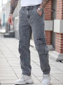 Manfinity Homme Men's Gray Loose Straight Leg Casual Cargo Jeans - Grey - View 3
