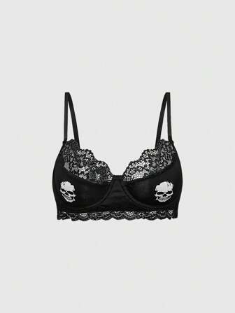Grunge Punk Sujetador de lencería con estampado de calavera de patchwork de encaje sexy y de moda