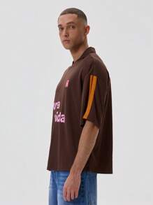 Musero V Neck Collared Oversized Short Sleeve Drop Shoulder Jersey Style Top "" Graphic Print Tshirt Spring Summer Essentials - Rust Brown - View 2