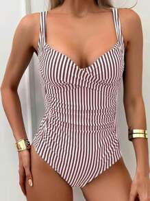 SHEIN Swim Women's Vacation Summer Beach Striped Spaghetti Strap One-Piece Swimsuit - Coffee Brown - View 8