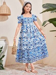 SHEIN Tween Girls Blue & White Porcelain Floral Print Gigot Sleeve Loose Fit A-Line Dress, Adorable Vacation Dress, Suitable For Spring Outing & Holiday