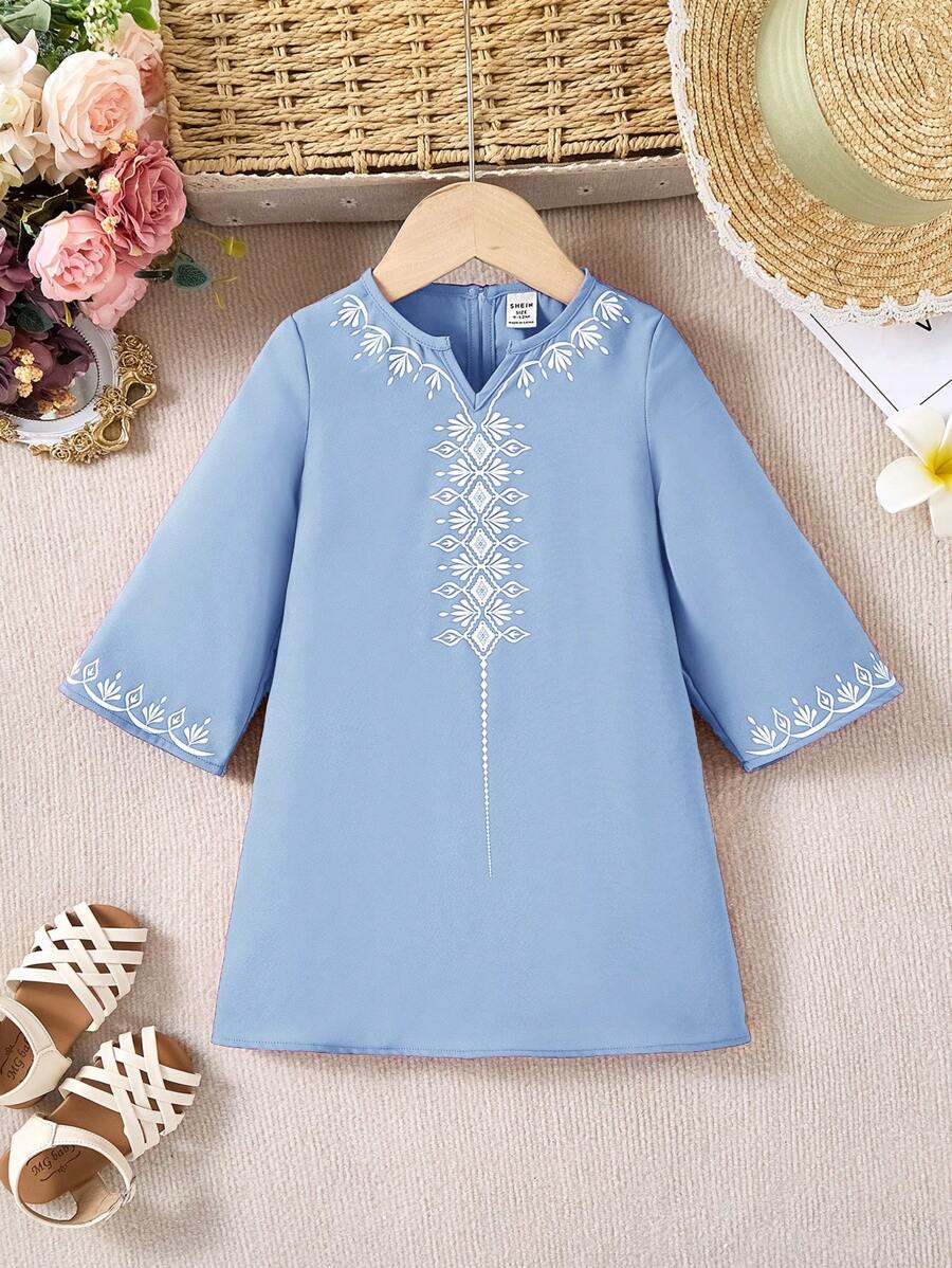 SHEIN Babygirl Blue Long Sleeve Floral Print Vacation Dress, Summer - Blue - View 1