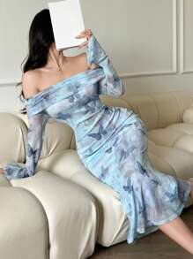 DAZY 女式中长款花卉露肩鱼尾连衣裙优雅秋季连衣裙长袖连衣裙 - 藍色 - 查看 8