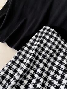 SHEIN Frenchy Plus Size Women's Spring And Summer Fashion Casual Comfortable Daily Love Print Tight Vest And Plaid Hip Skirt Black And White Two-Piece Set,Summer Outfits For Women,Curve Vacation Set,Mom And Daughter Clothes