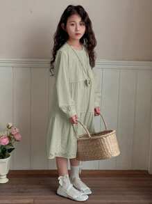 Dazy Kids Tween Girl Midi A-Line Lace Patchwork Solid Color Princess Style Round Neck Long Sleeve Dress - Mint Green - View 4