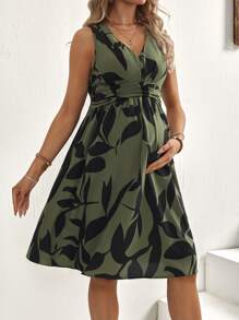 SHEIN Casual V-Neck Ruched Maternity Dress - Army Green - View 3