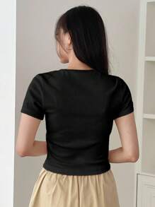 DAZY Women's Solid Color Square Neck Short Sleeve T-Shirt, Simple Fashion Casual Everyday Wear
