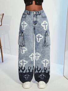 Slaydiva Damen Lässig Cargo Jeans mit gewaschenem Kontrast Kreuz- und Flammen-Muster - Blau - Übersicht 2