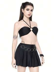 ROMWE Gothic Metal Ring Decor Crop Top Bikini Set And Mini Skirt, For Summer Beach Vacation, Halloween - Black - View 5