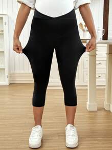 SHEIN 孕妇简约休闲日常紧身裤 - 黑色 - 查看 6