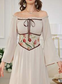 Modelyn Jacquard Patchwork Waistband Off Shoulder Flare Sleeve Dress - Apricot - View 6