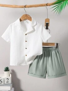2pcs/Set Young Boys Casual School Style Short Sleeve Shirt And Elastic Waist Solid Color Shorts Outfit, Suitable For Spring, Summer And Autumn