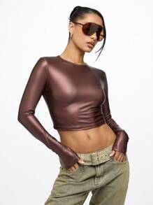 SUMWON WOMEN Metallic Long Sleeve Crop Top Y2K Fashion Club Party Wear Slim Fit Stretchy Mock Neck Dance Performance Rave Festival Aesthetic Streetwear - Burgundy - View 3