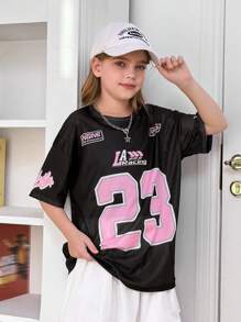 SHEIN Tween Girl Knit Mesh Numeric & English Letter Print Loose Dropped Shoulder Pullover T-Shirt, Suitable For Back To School, Sports Event, Fashion Streetwear