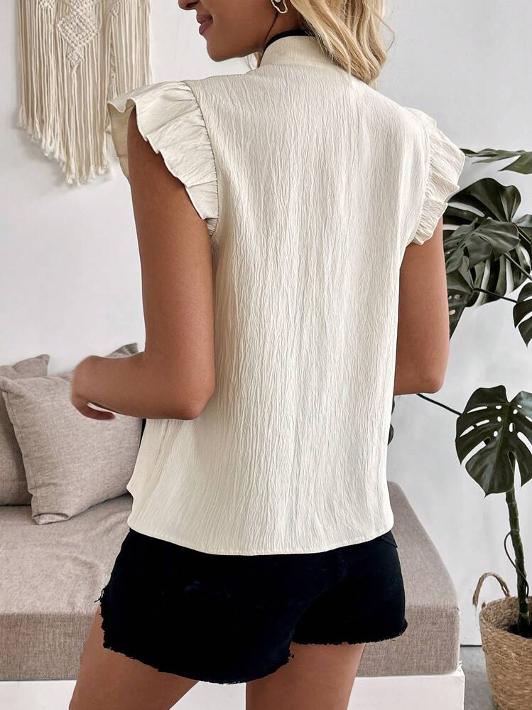 Rafferiza Blusa Ajustada Elegante com Estilo Chinês, Mangas Curtas, Botões e Blocos de Cor para Mulheres - Damasco - Visão 2