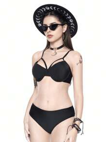 ROMWE Gothic Waterdrop Shaped Bikini Set Swimwear, For Summer Beach Vacation, Halloween - Black - View 4