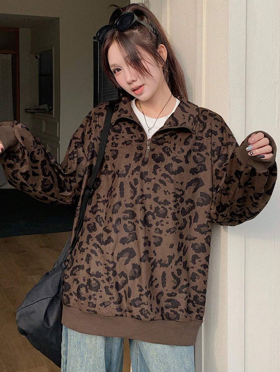 DAZY 女式豹纹拉链长袖运动衫,休闲时尚,适合日常穿着,猎豹印花,秋季服装 - 棕色 - 查看 1