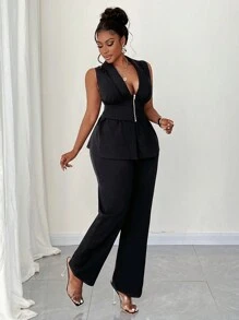 Maweii Conjunto de 2 piezas de talla grande - Chaleco sin mangas de unicolor con cremallera y pantalones, uso diario casual y elegante