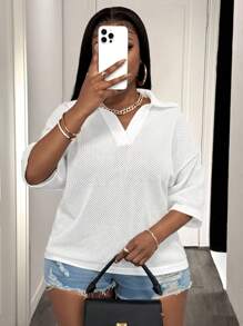 Slaydiva Loose Fit Solid White V-Neck Drop Shoulder Casual Vacation Hollow-Out Knit Plus Size T-Shirt Top For Women, Spring/Summer - White - View 6