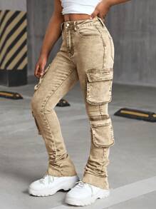 SHEIN Tween Girls Y2K Stonewashed Khaki Denim Cargo High Waist Flared Pants With Pleats And Flap Pocket Stacked Jeans,Tween Girl Spring/Summer Clothes Outfits - Khaki - View 6