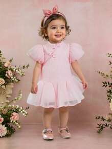 SHEIN Baby Girl Button Design Sweet Han-Style Princess Dress, Spring/Summer