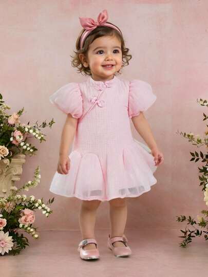 SHEIN Baby Girl Button Design Sweet Han-Style Princess Dress, Spring/Summer