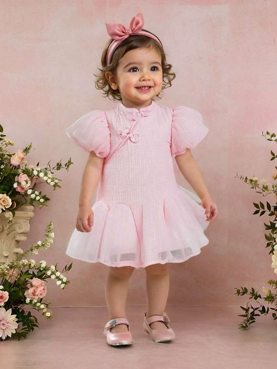 SHEIN Baby Girl Button Design Sweet Han-Style Princess Dress, Spring/Summer