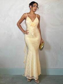 SHEIN BAE Vestido amarillo pálido de encaje para vacaciones, vestido de verano, vestido de primavera, vestido pastel, vestido de playa para damas, vestido largo de playa, vestido largo de verano, vestido de boda, vestido de dama de honor con volantes para el verano, atuendos de verano para mujeres - Amarillo - Ver 4