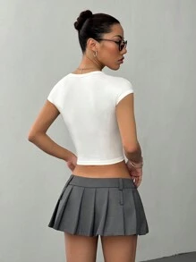 Flirla 1pc Women's Casual Square Neck Ribbed Short Sleeve T-Shirt With Padding, White, Versatile For All Seasons