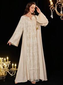 Al Najma 刺绣网眼流苏装饰土耳其和阿拉伯风格女士长裙、卡夫坦和贾拉比亚，端庄 - 卡其色 - 查看 7