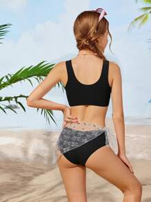 3pcs Tween Girl Swimwear Set With Bowknot & Mesh Swimwear