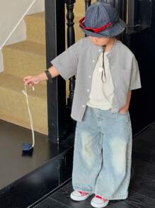 DAZY 年轻男孩格子卡通印花休闲衬衫 - 黑與白 - 查看 2