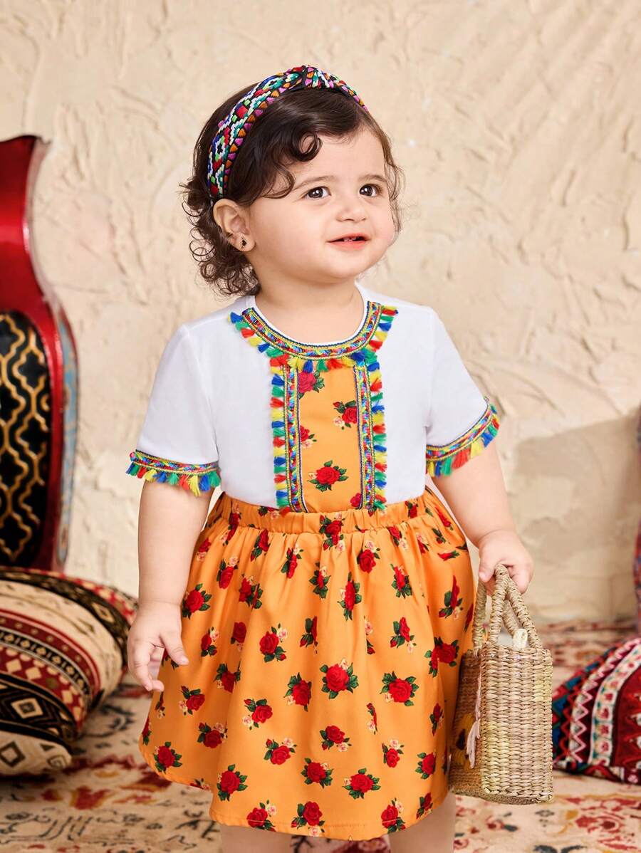 SHEIN Leap Crew 女宝宝夏季可爱花卉图案裙子和短袖T恤两件套