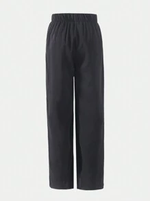 SHEIN Tween Girls Casual Minimalist High Waisted Loose Wide Leg Pants With Gold Button Decor, Versatile & Fashionable - Black - View 2