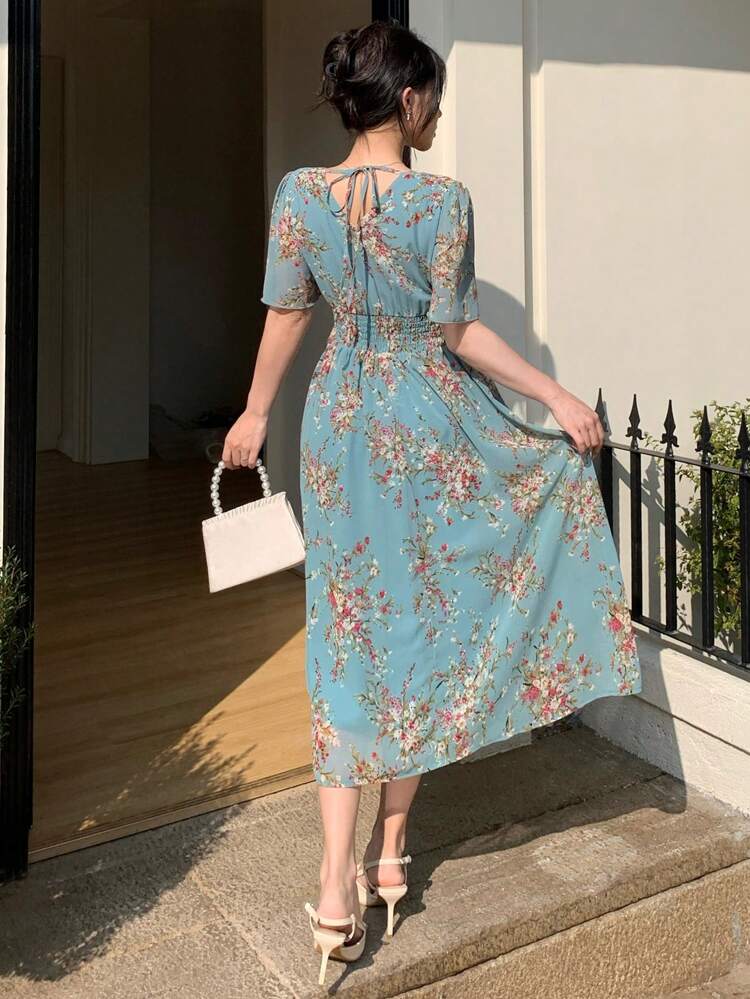 Shirred Floral Print Shirred Midi Dress For Women Sundress Vacation Outfits Women Easter Boho