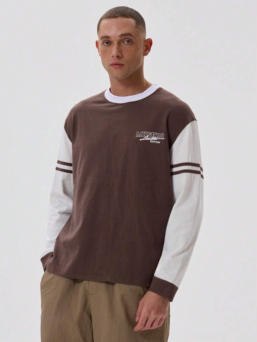 Musero 长袖圆领印花撞色拼接细节T恤，落肩设计，春夏款 - 彩色 - 查看 1
